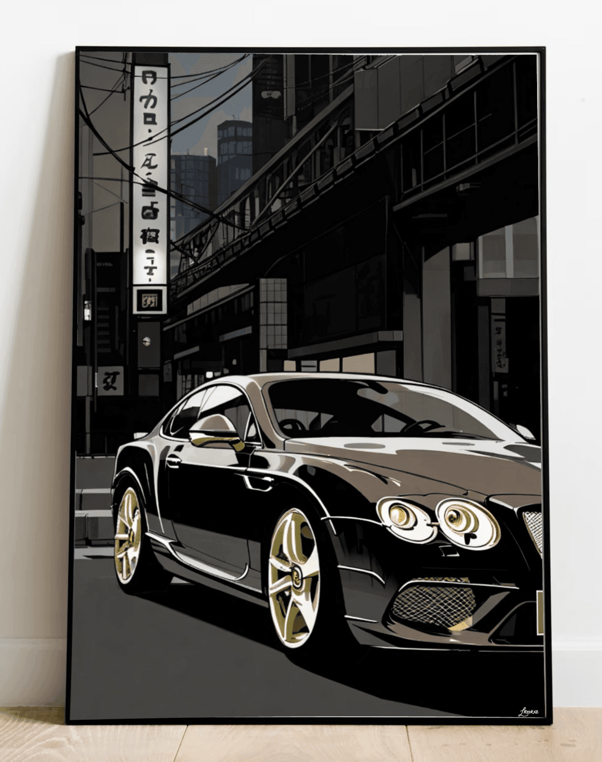 Sophisticated art print featuring a luxury black Bentley driving through the sleek urban streets of Tokyo, capturing the essence of high-class city life. Ideal for car lovers and fans of contemporary cityscapes Keolix