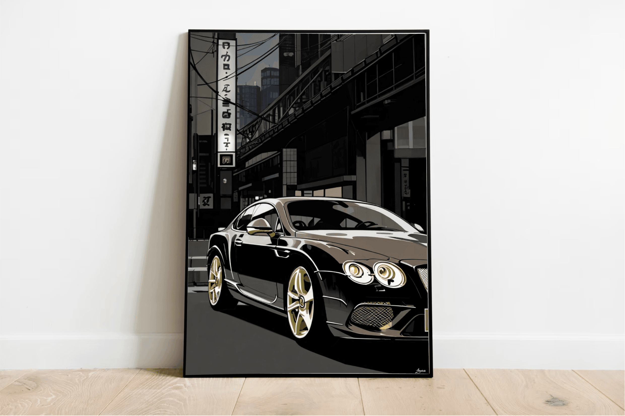 Sophisticated art print featuring a luxury black Bentley driving through the sleek urban streets of Tokyo, capturing the essence of high-class city life. Ideal for car lovers and fans of contemporary cityscapes - Baby Keo.