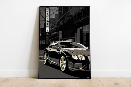 Sophisticated art print featuring a luxury black Bentley driving through the sleek urban streets of Tokyo, capturing the essence of high-class city life. Ideal for car lovers and fans of contemporary cityscapes - Baby Keo.