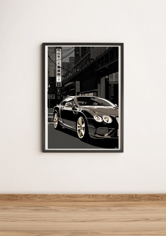 Sophisticated art print featuring a luxury black Bentley driving through the sleek urban streets of Tokyo, capturing the essence of high-class city life. Ideal for car lovers and fans of contemporary cityscapes - Baby Keo.