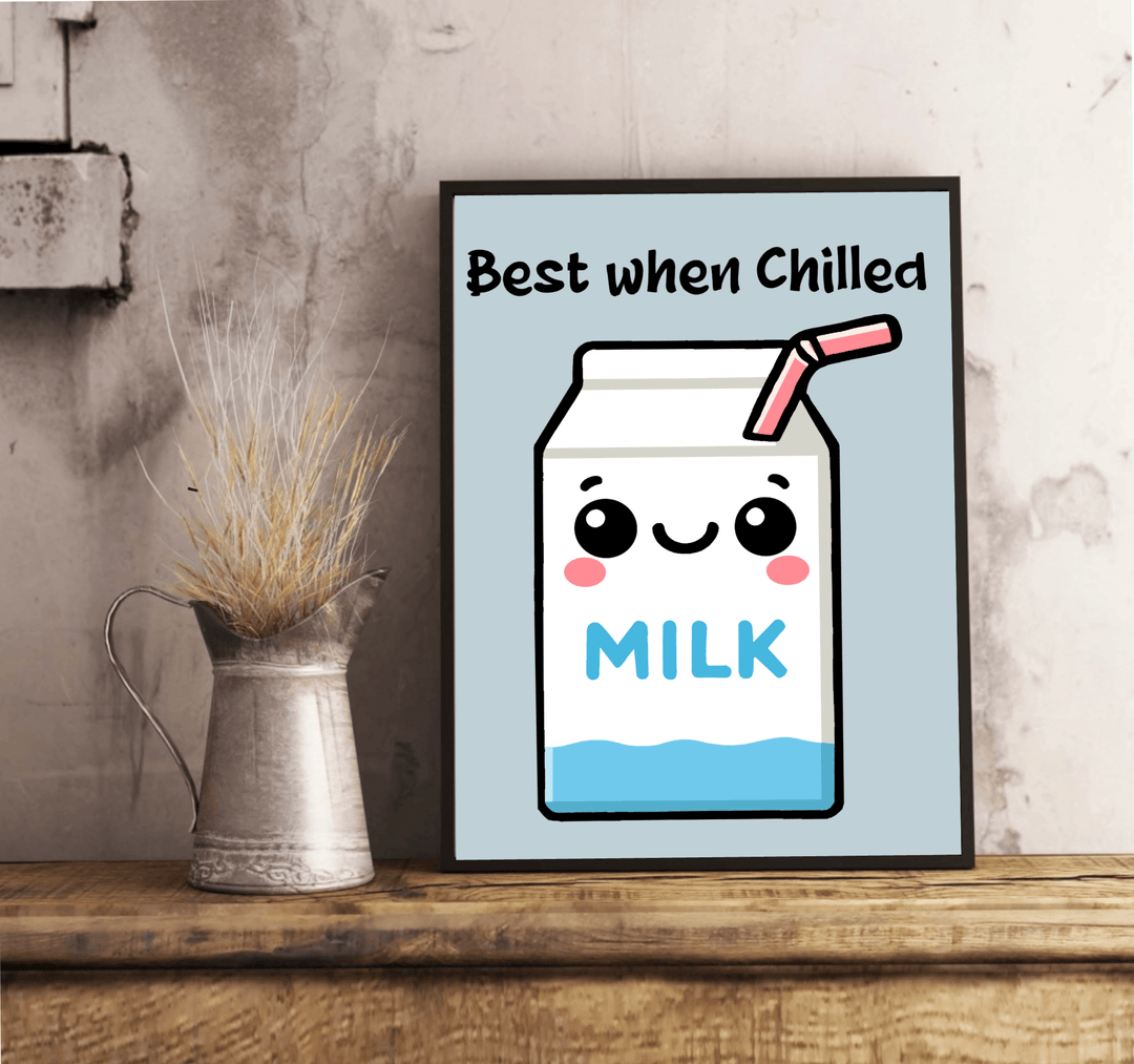 Say hello to a delightful piece of wall art that's sure to bring a smile to your face! Our framed "Best When Chilled" Milk Carton Print is the perfect whimsical decor addition for any space. Featuring an adorable cartoon milk carton complete with a cheerful smile, blushing cheeks, and a fun pink straw, this print exudes charm. Against its wooden floor perch and white wall backdrop, the word “MILK” stands out proudly on the carton, while “Best when Chilled” playfully dances above in bold black letters. Embra