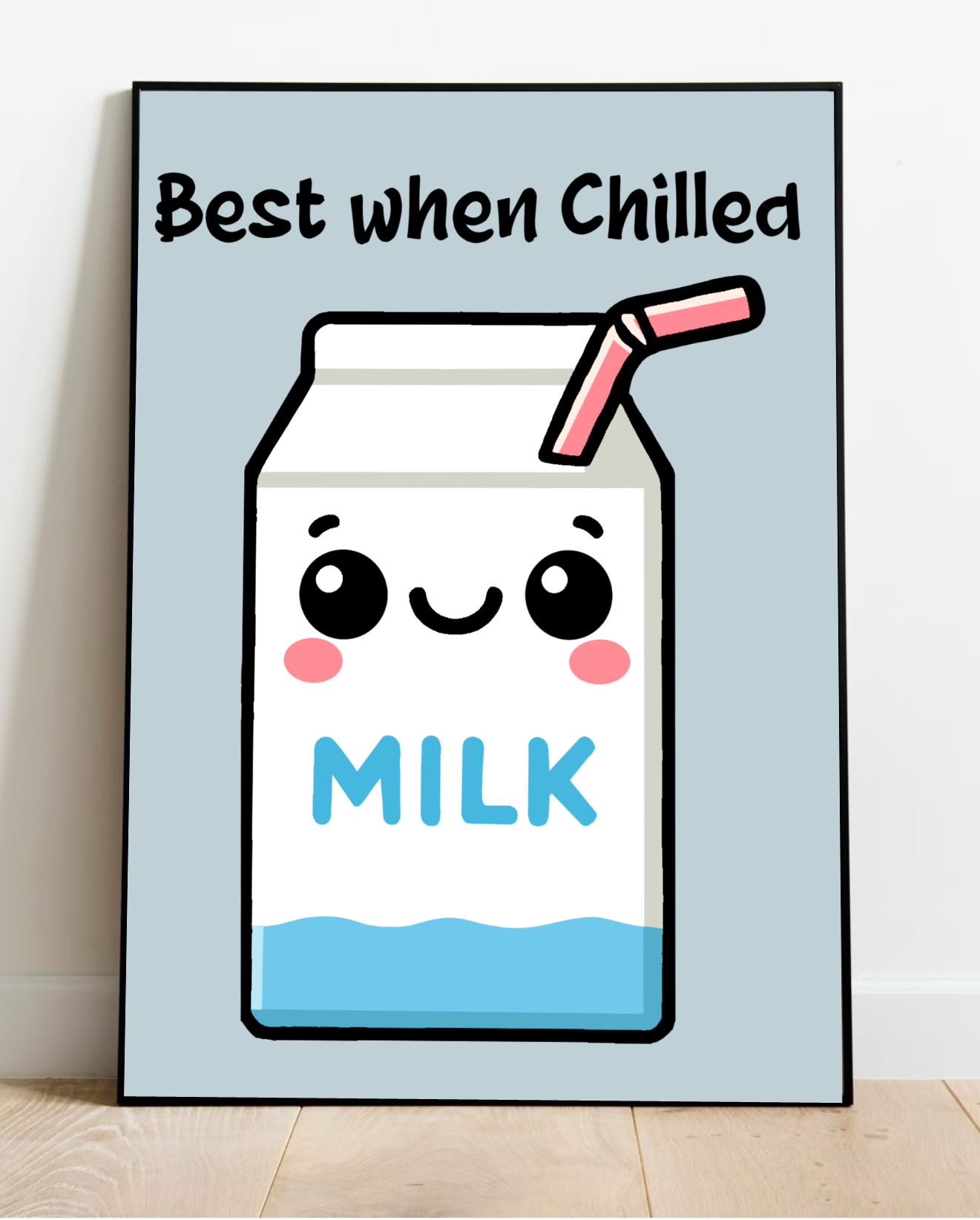 Say hello to a delightful piece of wall art that's sure to bring a smile to your face! Our framed "Best When Chilled" Milk Carton Print is the perfect whimsical decor addition for any space. Featuring an adorable cartoon milk carton complete with a cheerful smile, blushing cheeks, and a fun pink straw, this print exudes charm. Against its wooden floor perch and white wall backdrop, the word “MILK” stands out proudly on the carton, while “Best when Chilled” playfully dances above in bold black letters. Embra