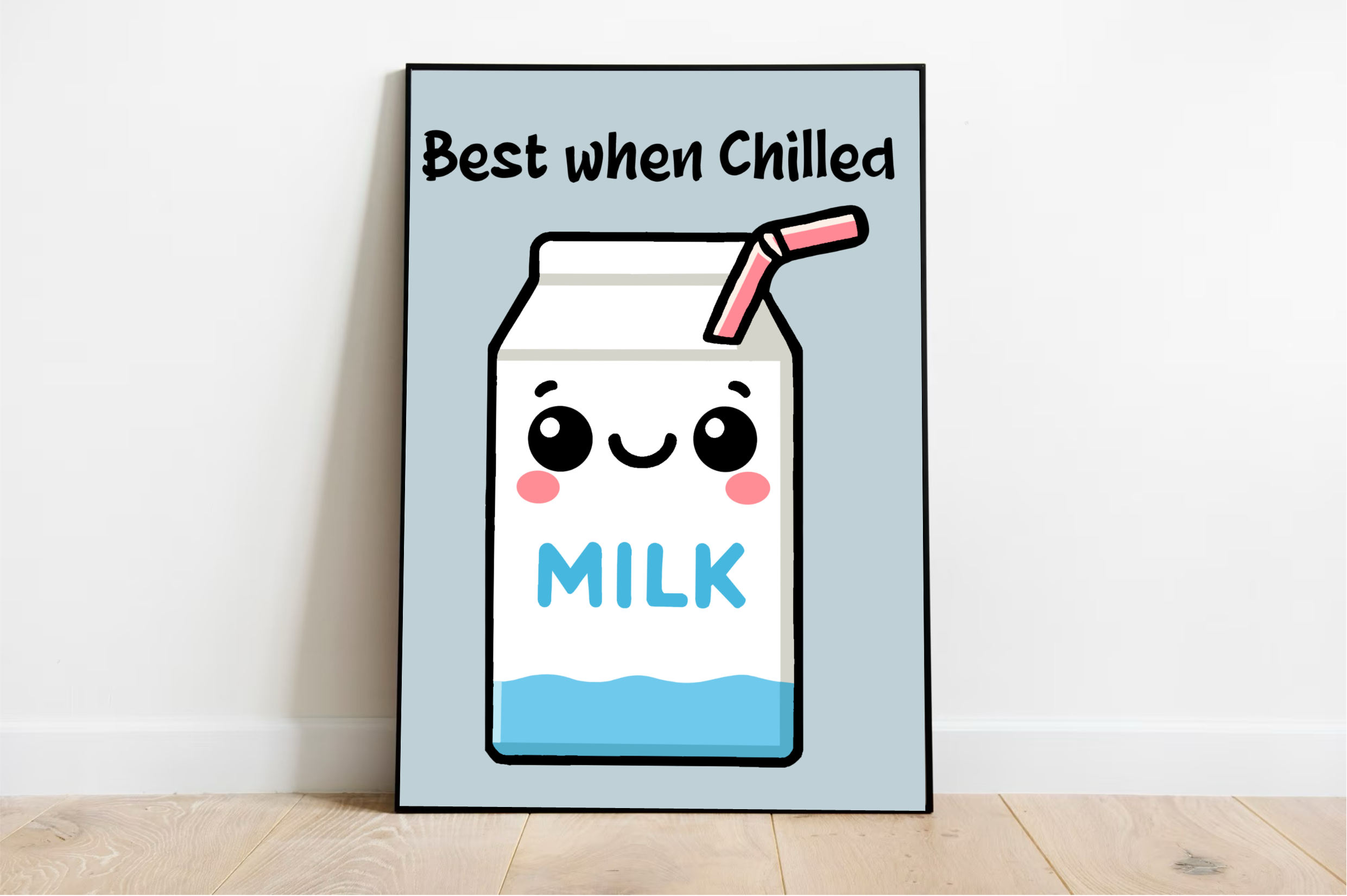 Say hello to a delightful piece of wall art that's sure to bring a smile to your face! Our framed "Best When Chilled" Milk Carton Print is the perfect whimsical decor addition for any space. Featuring an adorable cartoon milk carton complete with a cheerful smile, blushing cheeks, and a fun pink straw, this print exudes charm. Against its wooden floor perch and white wall backdrop, the word “MILK” stands out proudly on the carton, while “Best when Chilled” playfully dances above in bold black letters. Embra