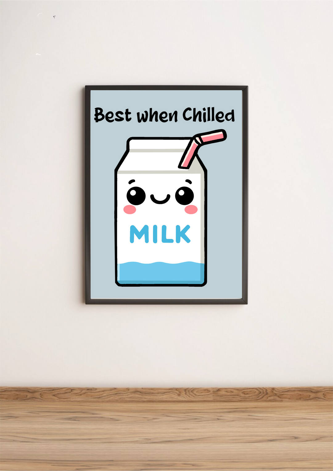 Say hello to a delightful piece of wall art that's sure to bring a smile to your face! Our framed "Best When Chilled" Milk Carton Print is the perfect whimsical decor addition for any space. Featuring an adorable cartoon milk carton complete with a cheerful smile, blushing cheeks, and a fun pink straw, this print exudes charm. Against its wooden floor perch and white wall backdrop, the word “MILK” stands out proudly on the carton, while “Best when Chilled” playfully dances above in bold black letters. Embra