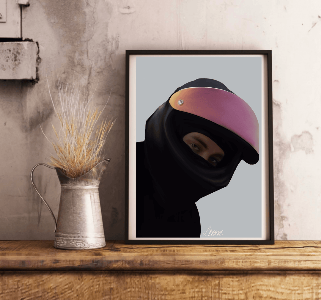 Introducing the "Mysterious Rider: Handcrafted Drawing of a Man with a Motorcycle Helmet Print" – a truly captivating piece perfect for any motorcycle enthusiast! This stunning hand-drawn artwork is beautifully set against a wooden floor, featuring an individual sporting a sleek black balaclava and helmet. The reflective pink visor is the star of the show, adding an eye-catching twist that draws you in. The gray background amps up the intrigue, making this artwork even more irresistible. Plus, it’s signed a