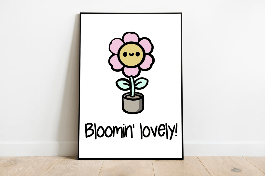 Introducing the "Bloomin' Lovely Print" – a delightful touch of British charm that's sure to bring a smile to your face! This adorable cartoon-style flower showcases a cheerful pink bloom with the happiest little face, all nestled in its cozy gray pot. The playful phrase "Bloomin' lovely!" dances beneath it, capturing the essence of positivity and growth. Perfectly placed on a light wooden floor against a crisp white wall, this print is just waiting to brighten up your space with its whimsical vibe.