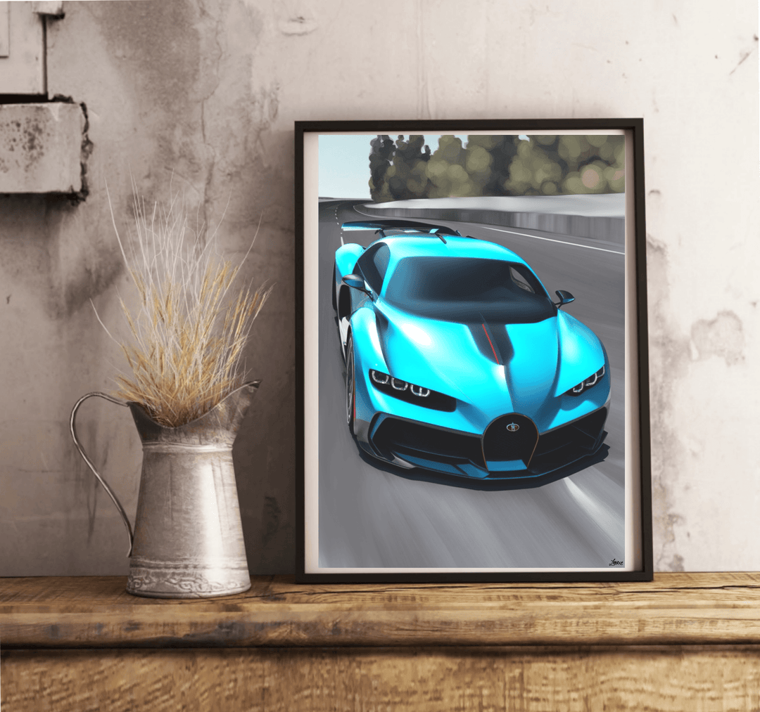 Introducing "Nature in Motion" – a stunning framed illustration that captures the essence of speed and elegance with the iconic Bugatti Divo. This vibrant piece showcases a sleek, blue sports car with eye-catching curves that race against a blurred racetrack backdrop. Perfectly leaned against a crisp white wall on light wooden flooring, its high gloss finish adds an extra dash of modern automotive style. Whether you're an auto enthusiast or just appreciate beautiful design, this piece is sure to rev up your