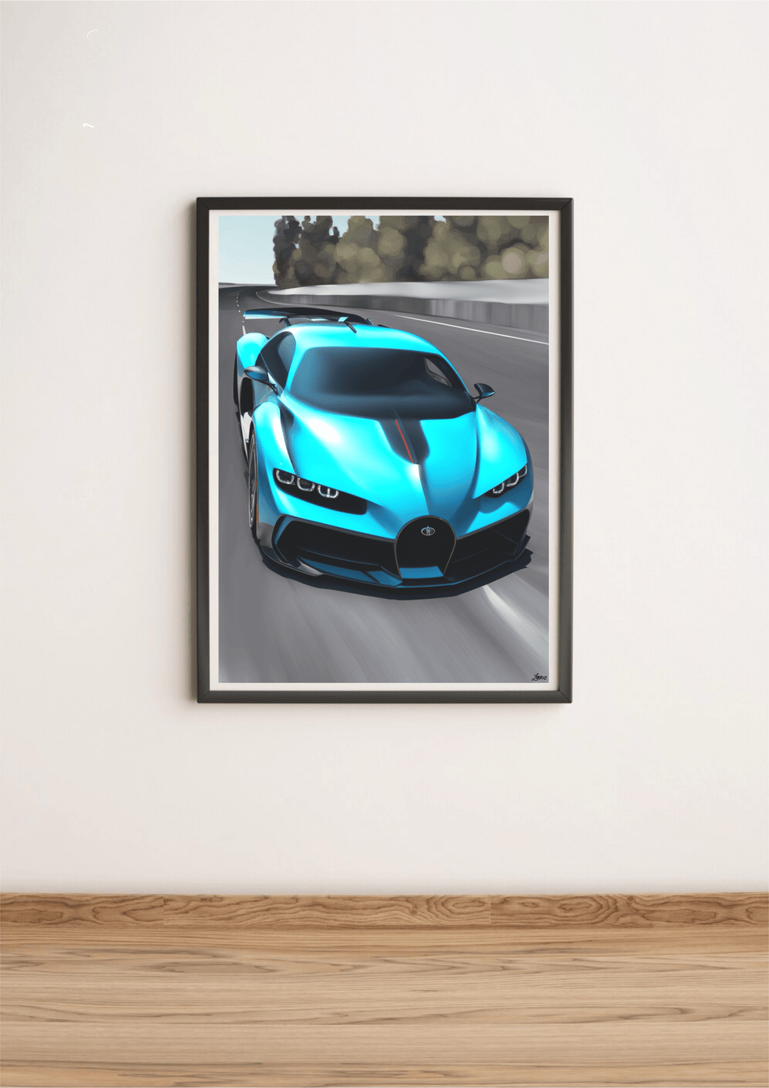 Introducing "Nature in Motion" – a stunning framed illustration that captures the essence of speed and elegance with the iconic Bugatti Divo. This vibrant piece showcases a sleek, blue sports car with eye-catching curves that race against a blurred racetrack backdrop. Perfectly leaned against a crisp white wall on light wooden flooring, its high gloss finish adds an extra dash of modern automotive style. Whether you're an auto enthusiast or just appreciate beautiful design, this piece is sure to rev up your