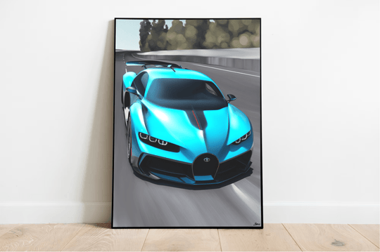 Introducing "Nature in Motion" – a stunning framed illustration that captures the essence of speed and elegance with the iconic Bugatti Divo. This vibrant piece showcases a sleek, blue sports car with eye-catching curves that race against a blurred racetrack backdrop. Perfectly leaned against a crisp white wall on light wooden flooring, its high gloss finish adds an extra dash of modern automotive style. Whether you're an auto enthusiast or just appreciate beautiful design, this piece is sure to rev up your