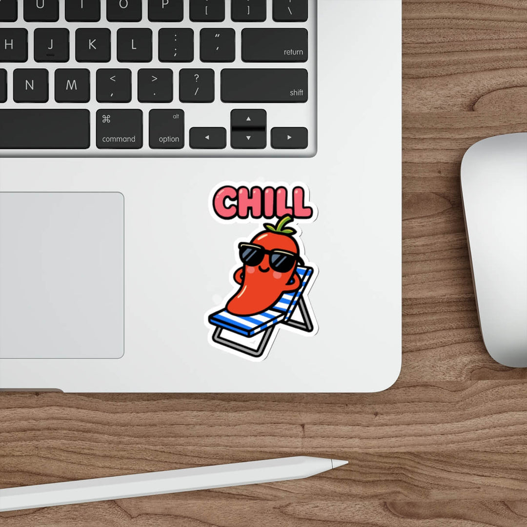 With text: Cartoon pepper lounging on beach chair with "CHILL" above, used as vinyl sticker on laptop.

Without text: Minimalist cartoon pepper relaxing on striped chair, no text, on a vinyl sticker placed on laptop.

