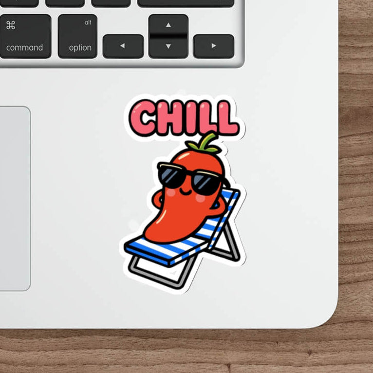 With text: Cartoon pepper lounging on beach chair with "CHILL" above, used as vinyl sticker on laptop.

Without text: Minimalist cartoon pepper relaxing on striped chair, no text, on a vinyl sticker placed on laptop.

