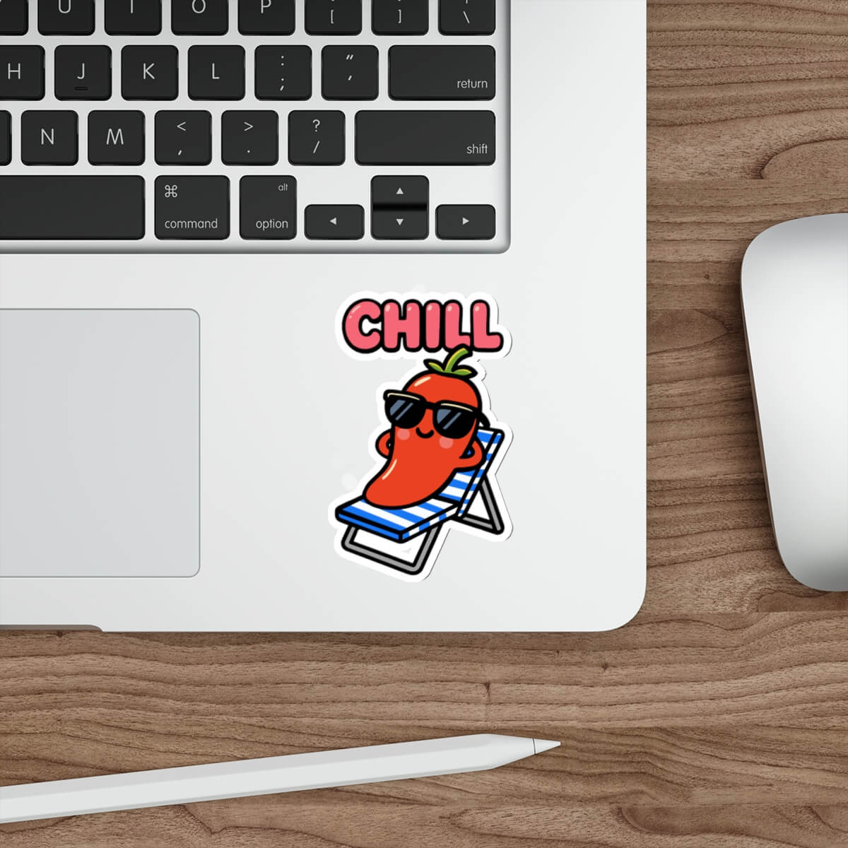 With text: Cartoon pepper lounging on beach chair with "CHILL" above, used as vinyl sticker on laptop.

Without text: Minimalist cartoon pepper relaxing on striped chair, no text, on a vinyl sticker placed on laptop.

