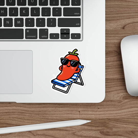 With text: Cartoon pepper lounging on beach chair with "CHILL" above, used as vinyl sticker on laptop.

Without text: Minimalist cartoon pepper relaxing on striped chair, no text, on a vinyl sticker placed on laptop.