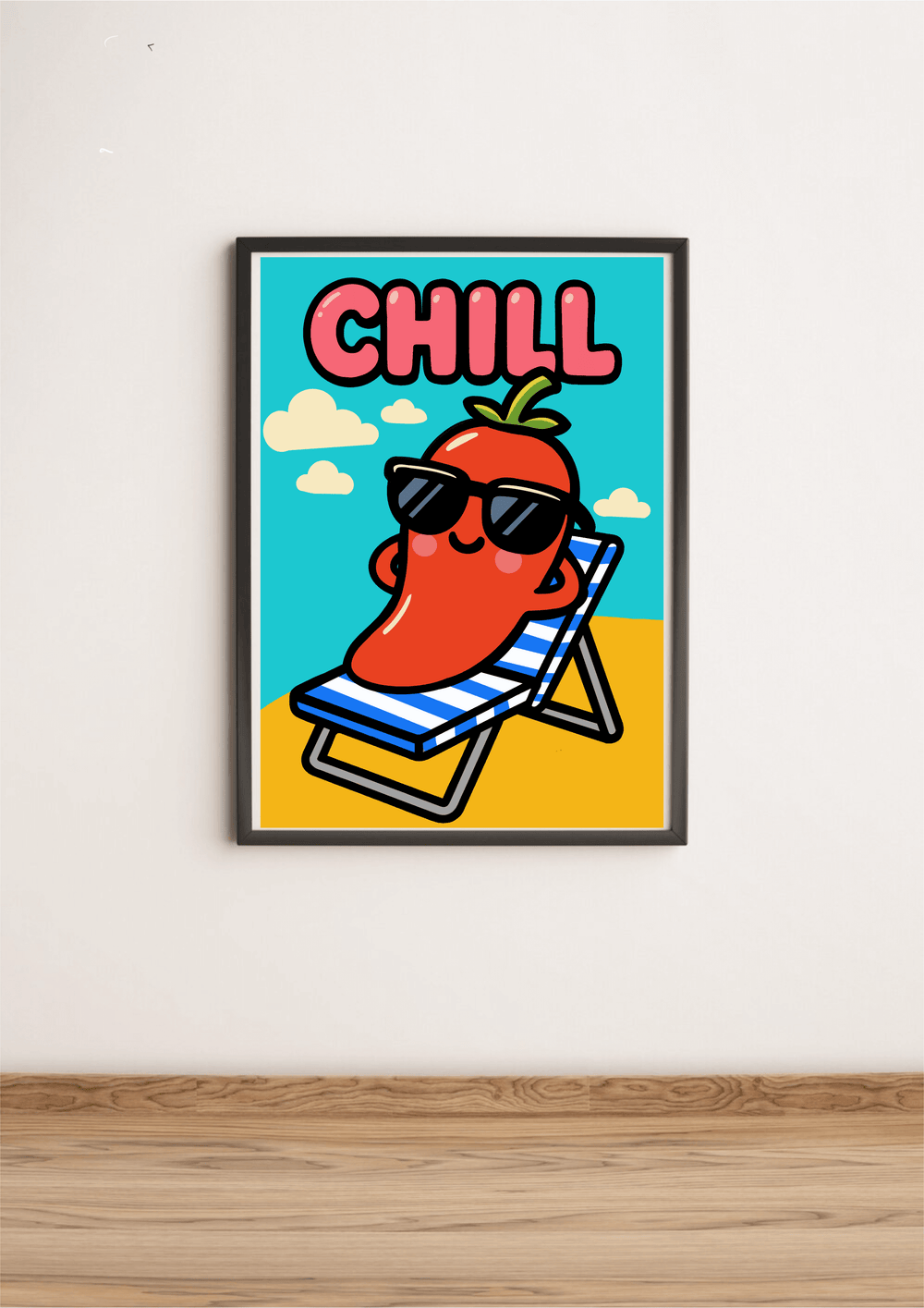 Kawaii cartoon pepper lounging on a beach chair with sunglasses and the word ‘CHILL’ in bold pink text, on a playful summer-themed art print.