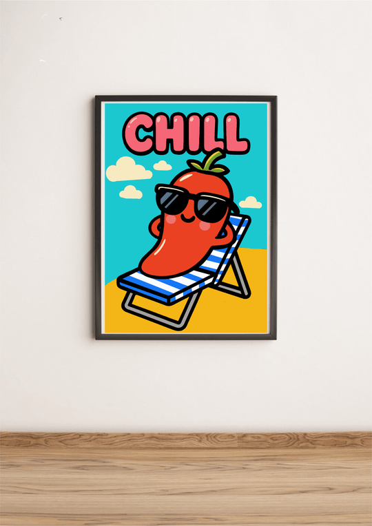 Kawaii cartoon pepper lounging on a beach chair with sunglasses and the word ‘CHILL’ in bold pink text, on a playful summer-themed art print.