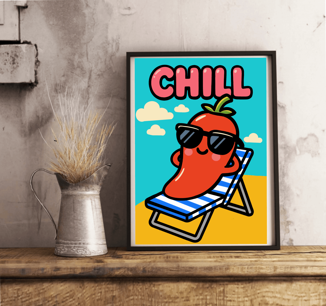 Kawaii cartoon pepper lounging on a beach chair with sunglasses and the word ‘CHILL’ in bold pink text, on a playful summer-themed art print.