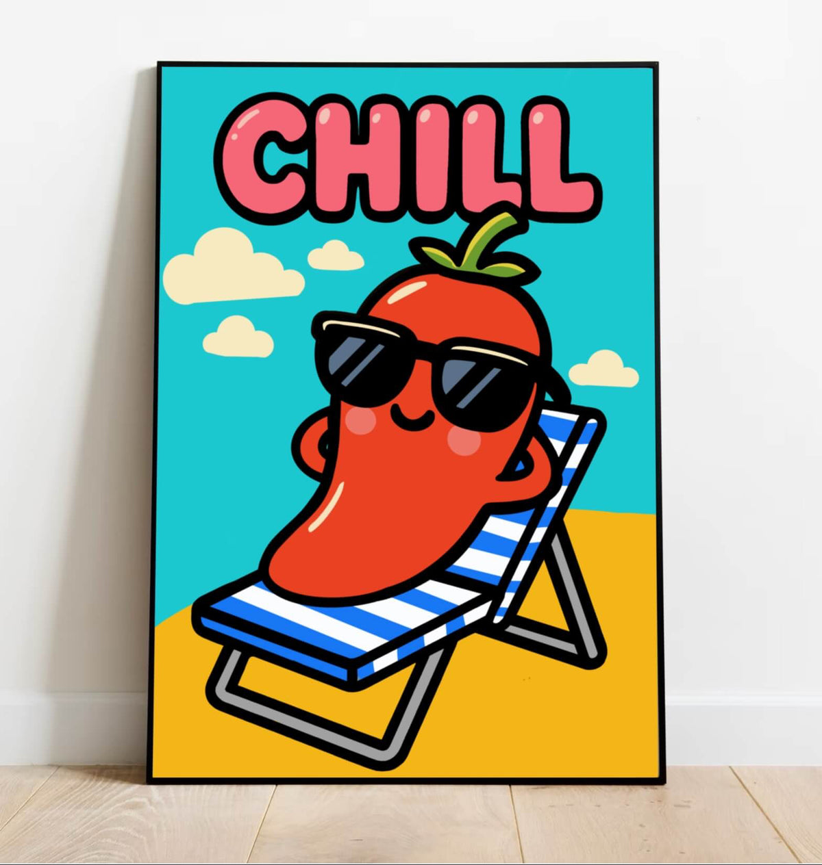 Kawaii cartoon pepper lounging on a beach chair with sunglasses and the word ‘CHILL’ in bold pink text, on a playful summer-themed art print.