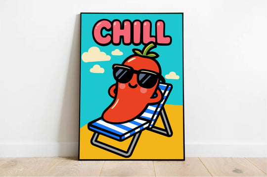 Kawaii cartoon pepper lounging on a beach chair with sunglasses and the word ‘CHILL’ in bold pink text, on a playful summer-themed art print.