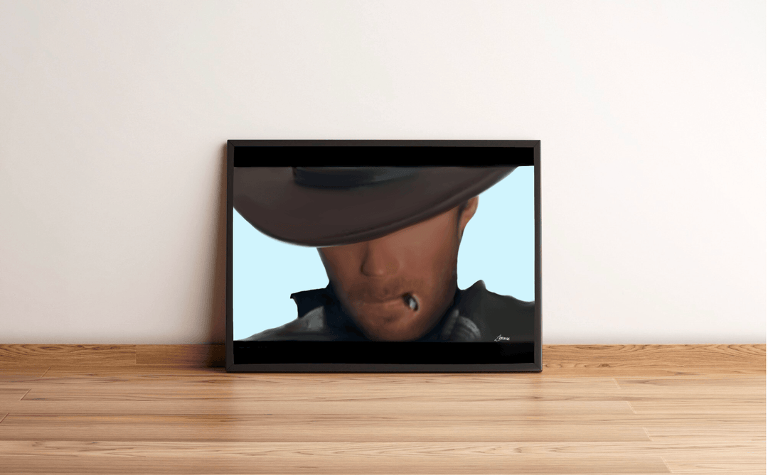 Looking to add a touch of iconic Wild West charm to your space? The "Clint Eastwood: The Man with No Name Print" might be just what you need! This captivating piece, framed and perfectly poised against a white wall on a wooden floor, brings the legendary frontier vibe right into your home. It showcases a striking portrait of a cowboy, rocking that classic brown hat which casts mysterious shadows over his face, complementing the cool light blue backdrop as he casually holds a cigar in his mouth. Perfect for 