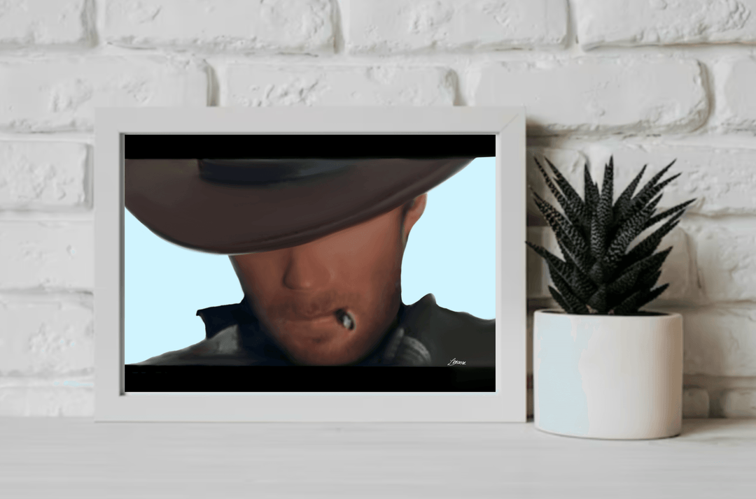 Looking to add a touch of iconic Wild West charm to your space? The "Clint Eastwood: The Man with No Name Print" might be just what you need! This captivating piece, framed and perfectly poised against a white wall on a wooden floor, brings the legendary frontier vibe right into your home. It showcases a striking portrait of a cowboy, rocking that classic brown hat which casts mysterious shadows over his face, complementing the cool light blue backdrop as he casually holds a cigar in his mouth. Perfect for 