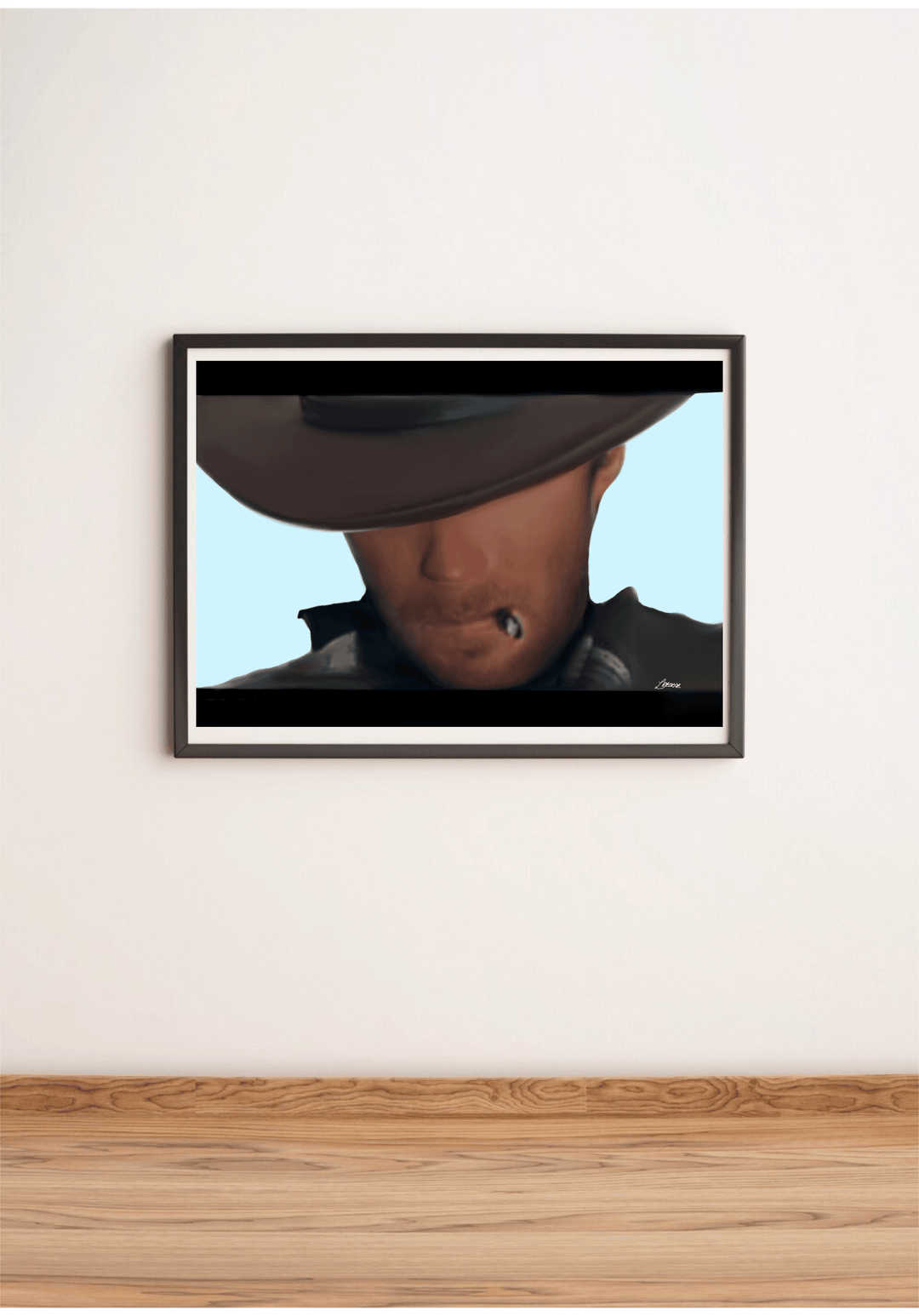 Looking to add a touch of iconic Wild West charm to your space? The "Clint Eastwood: The Man with No Name Print" might be just what you need! This captivating piece, framed and perfectly poised against a white wall on a wooden floor, brings the legendary frontier vibe right into your home. It showcases a striking portrait of a cowboy, rocking that classic brown hat which casts mysterious shadows over his face, complementing the cool light blue backdrop as he casually holds a cigar in his mouth. Perfect for 