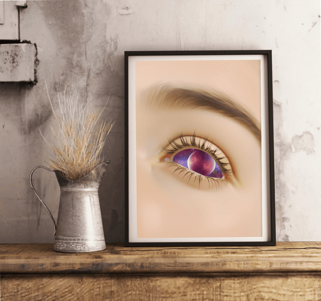 Introducing "The Cosmic Vision: The Eye of the Universe" print! This captivating framed artwork is a must-have for any celestial lover. Picture it: against a crisp white wall, this piece stands out, showcasing an intricately detailed eye that holds an entire universe within its iris. Immerse yourself in the breathtaking scene of purple and pink skies sprinkled with planets—a true treat for the imagination. Elegantly positioned above a light wood floor, it's sure to be a conversation starter in any room. 