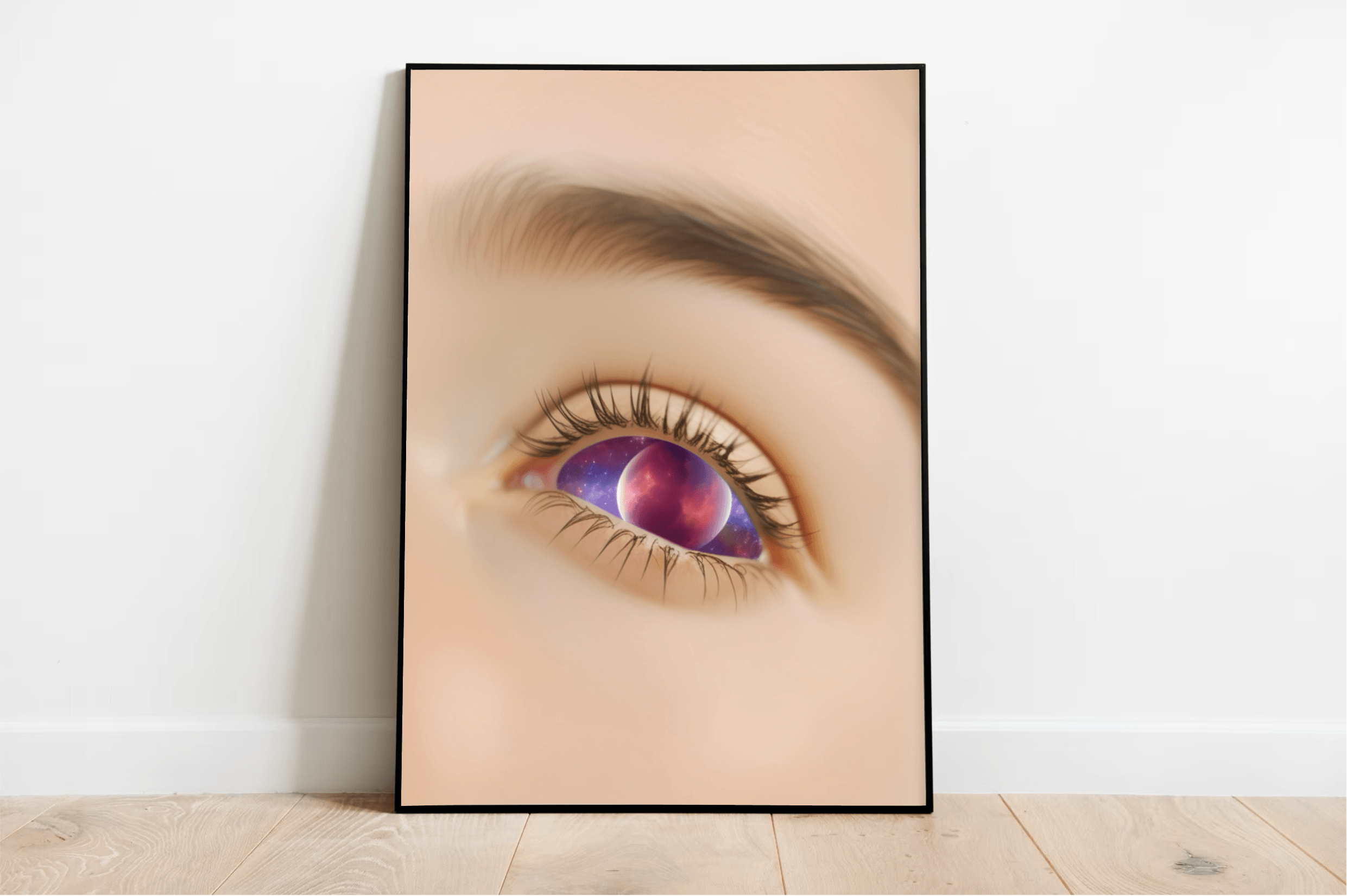 Introducing "The Cosmic Vision: The Eye of the Universe" print! This captivating framed artwork is a must-have for any celestial lover. Picture it: against a crisp white wall, this piece stands out, showcasing an intricately detailed eye that holds an entire universe within its iris. Immerse yourself in the breathtaking scene of purple and pink skies sprinkled with planets—a true treat for the imagination. Elegantly positioned above a light wood floor, it's sure to be a conversation starter in any room. 