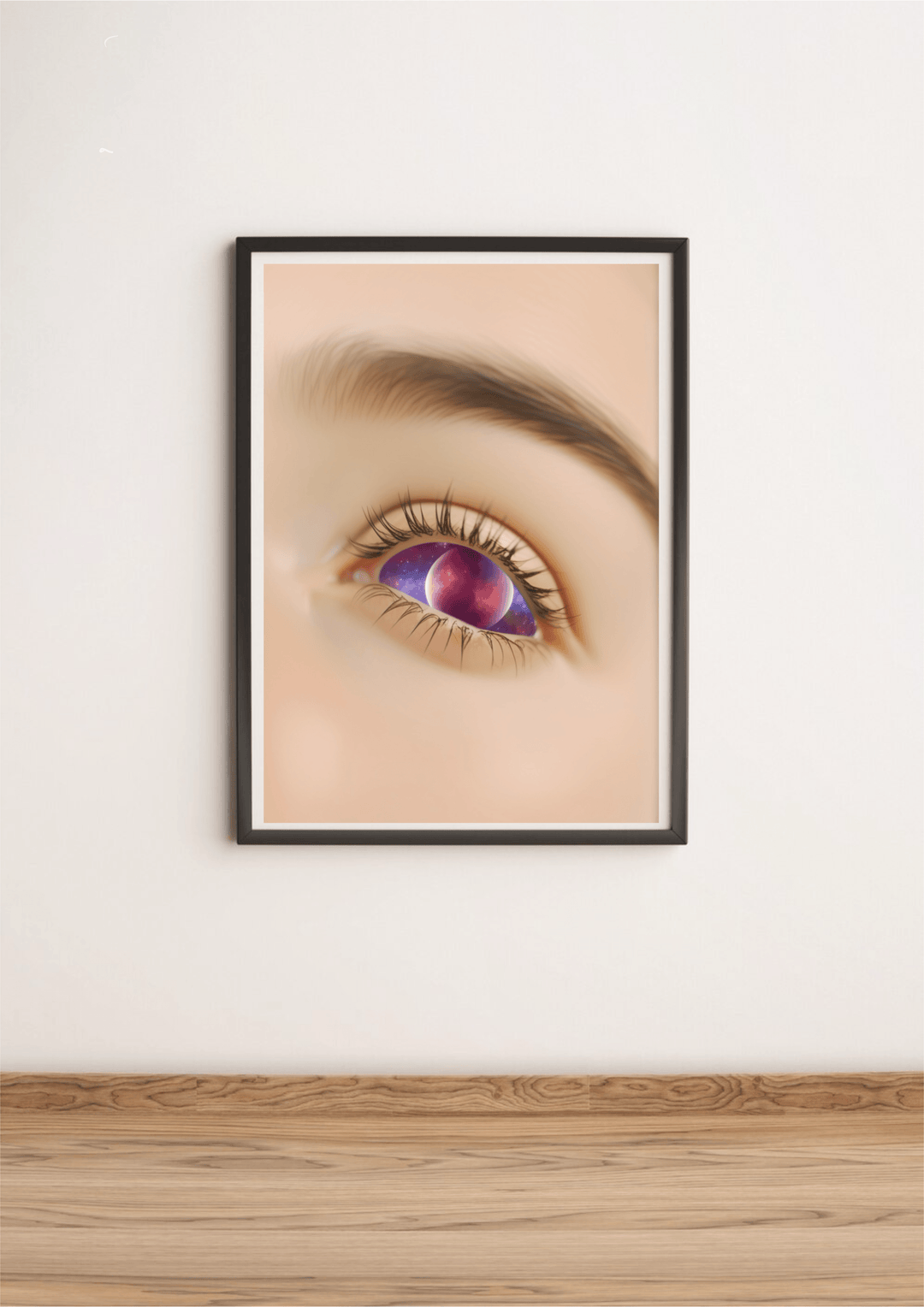 Introducing "The Cosmic Vision: The Eye of the Universe" print! This captivating framed artwork is a must-have for any celestial lover. Picture it: against a crisp white wall, this piece stands out, showcasing an intricately detailed eye that holds an entire universe within its iris. Immerse yourself in the breathtaking scene of purple and pink skies sprinkled with planets—a true treat for the imagination. Elegantly positioned above a light wood floor, it's sure to be a conversation starter in any room. Plu