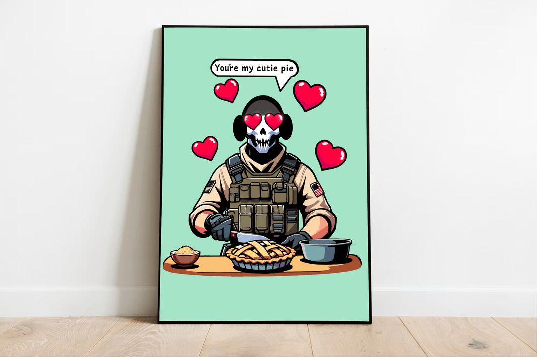 Introducing the "Cutie Pie Print"! This eye-catching design features a bold soldier dressed in tactical gear, sporting a skull mask with adorable heart-shaped eyes. He's playfully serving up some charm (and pie!) with the words "You're my cutie pie" floating in a speech bubble. With red hearts dancing around him against a refreshing mint green backdrop and set on a cozy wooden floor, this print is sure to bring some fun and flair to any space! Perfect for those who appreciate an edgy twist on sweet sentimen