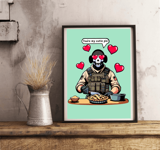 Introducing the "Cutie Pie Print"! This eye-catching design features a bold soldier dressed in tactical gear, sporting a skull mask with adorable heart-shaped eyes. He's playfully serving up some charm (and pie!) with the words "You're my cutie pie" floating in a speech bubble. With red hearts dancing around him against a refreshing mint green backdrop and set on a cozy wooden floor, this print is sure to bring some fun and flair to any space! Perfect for those who appreciate an edgy twist on sweet sentimen