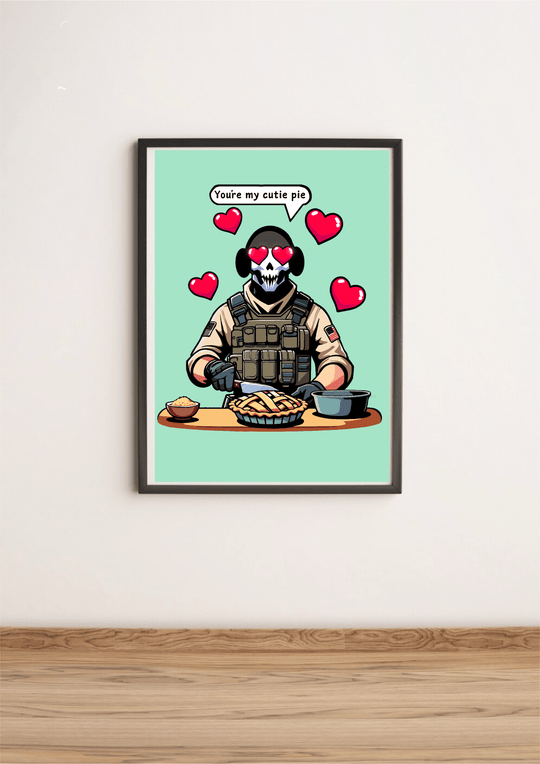 Introducing the "Cutie Pie Print"! This eye-catching design features a bold soldier dressed in tactical gear, sporting a skull mask with adorable heart-shaped eyes. He's playfully serving up some charm (and pie!) with the words "You're my cutie pie" floating in a speech bubble. With red hearts dancing around him against a refreshing mint green backdrop and set on a cozy wooden floor, this print is sure to bring some fun and flair to any space! Perfect for those who appreciate an edgy twist on sweet sentimen