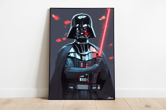 Check out this awesome illustration of the iconic Darth Vader poster! It features the dark-armored legend himself, complete with a black helmet and cape, wielding that unmistakable red lightsaber. The backdrop blends moody dark tones with striking red accents, making it truly stand out. Framed and set against a crisp white wall on a light wooden floor, this piece is a must-have for every Star Wars fan looking to add some epic flair to their space!