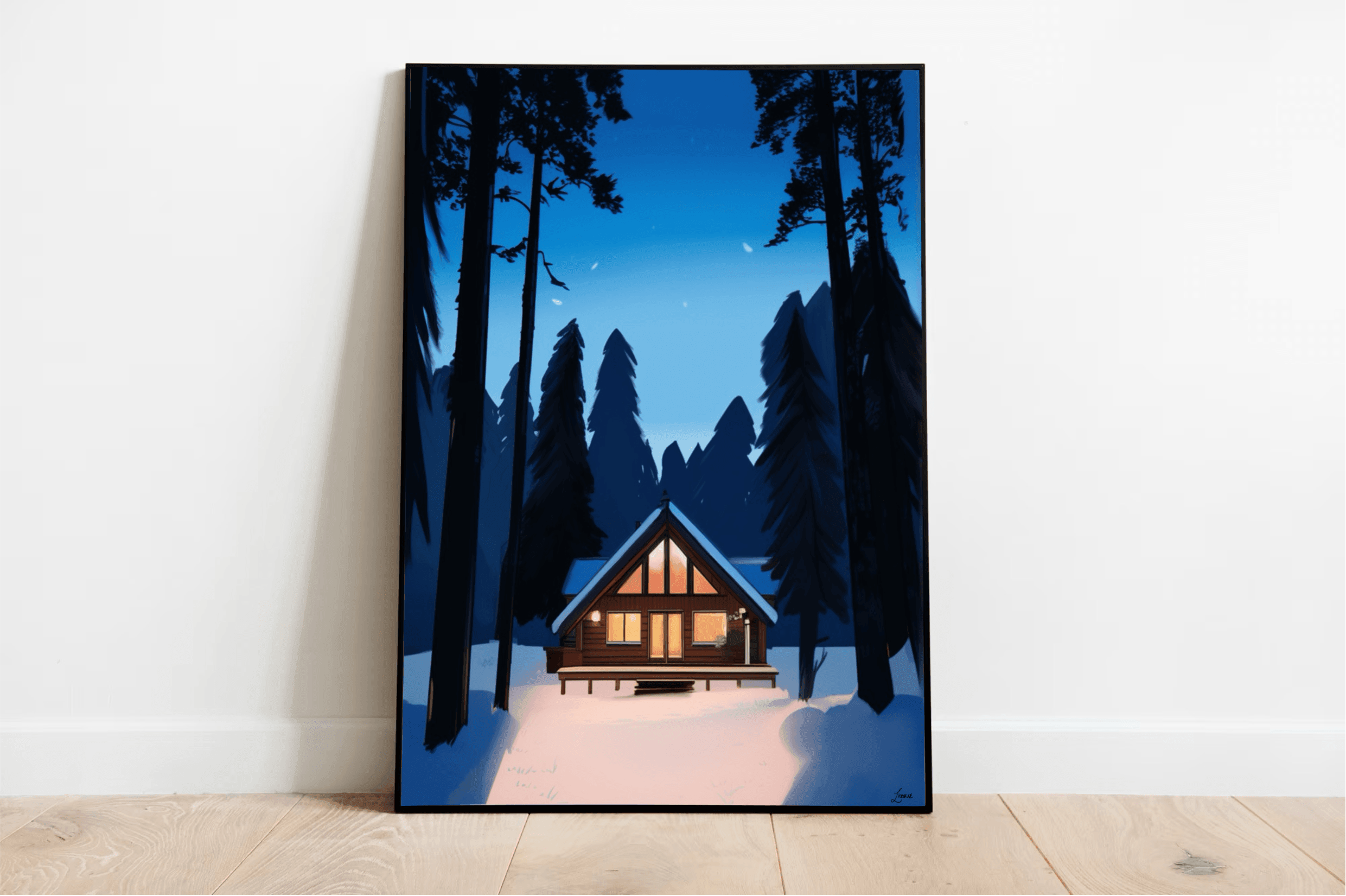 Experience the charm of winter with this Cozy Snowscape Print! This delightful artwork captures a serene, snow-kissed scene where a warmly lit, triangular-roofed cabin rests peacefully among towering pine trees. Above, a crescent moon adds its magic to the twinkling starry night. Framed to perfection, this winter wonder is showcased beautifully against a simple white wall and wooden floor setting. Embrace the beauty of this enchanting winter cabin artwork in your space!