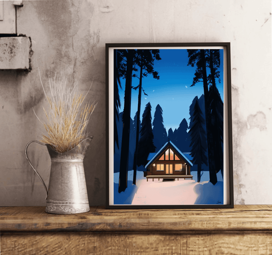 Winter Cabin Artwork: Cozy Snowscape Print - Baby Keo