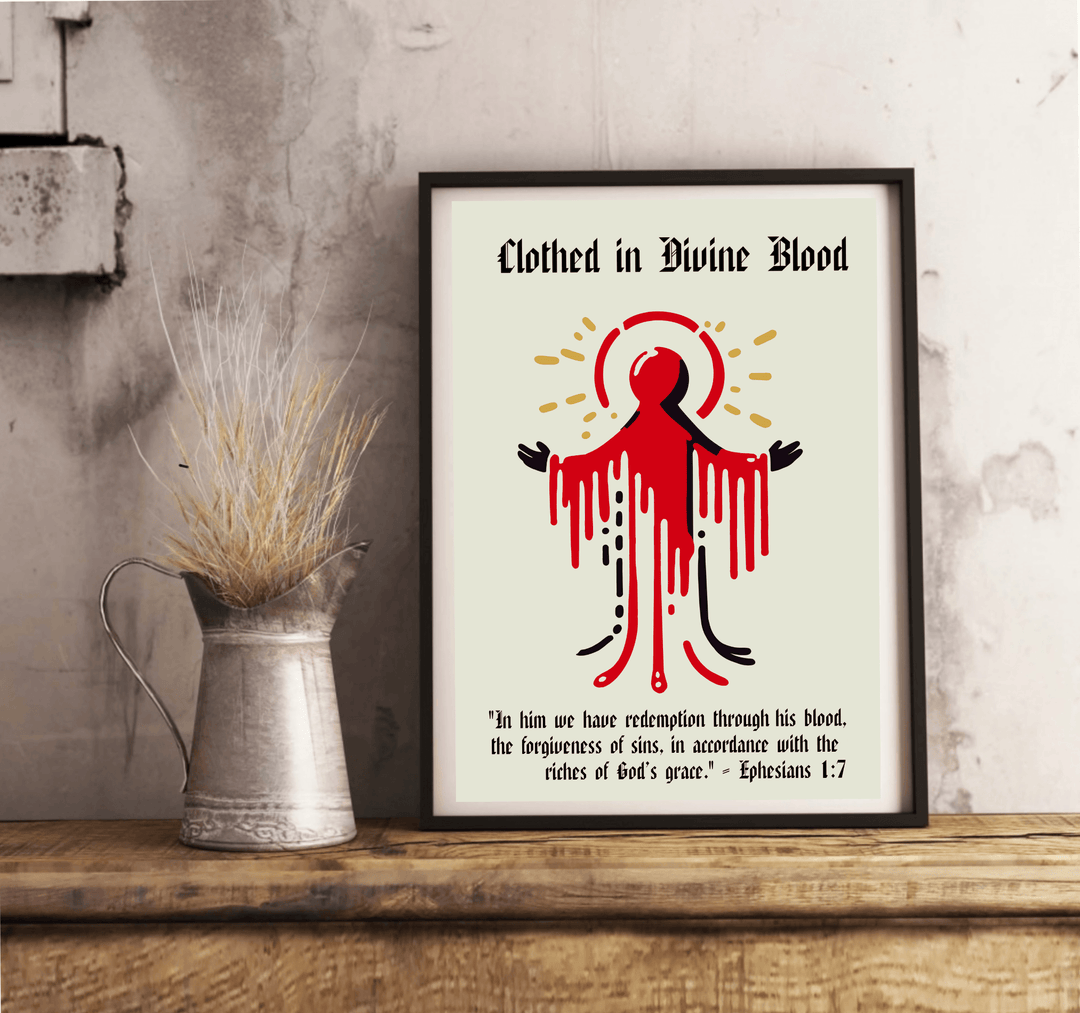 Introducing the captivating framed art print, "Clothed in Divine Blood"! This stunning piece finds its home on the floor, inviting viewers to pause and reflect. The artwork features a stylized figure adorned with bold red and black drips that evoke a sense of flowing blood, all while striking an open-arm pose. Below this mesmerizing image, you'll discover an inspiring spiritual message that beautifully underscores themes of redemption and forgiveness through divine grace. Drawing inspiration from Ephesians 