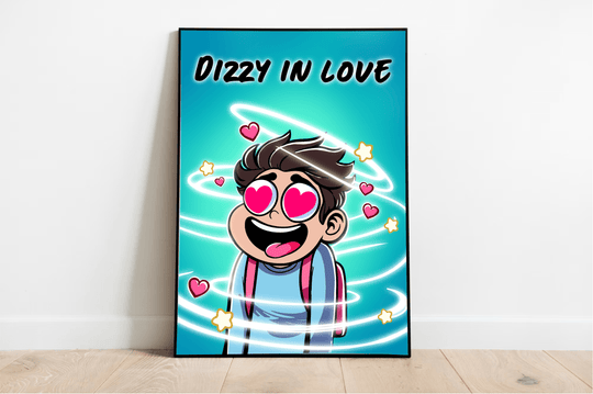 Hey there! Picture this: a charming "Dizzy in Love Print" poster casually resting against a crisp white wall on a rustic wooden floor. This delightful piece of art features an adorable cartoon character with heart-shaped eyes and the biggest grin, surrounded by playful spirals and hearts. At the top, in bold black letters set against a dreamy blue gradient background, you'll find the words "Dizzy in Love." It's the perfect touch to add some whimsical romance to any room!