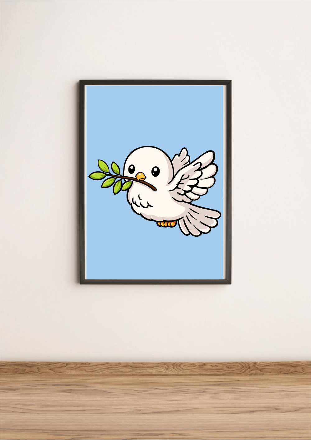 Cute dove art print with olive branch minimalist kawaii wall decor pastel blue background