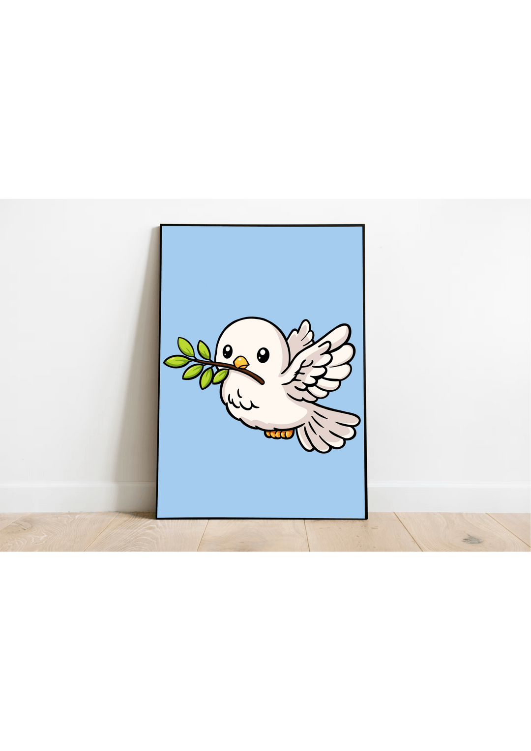 Cute dove art print with olive branch minimalist kawaii wall decor pastel blue background