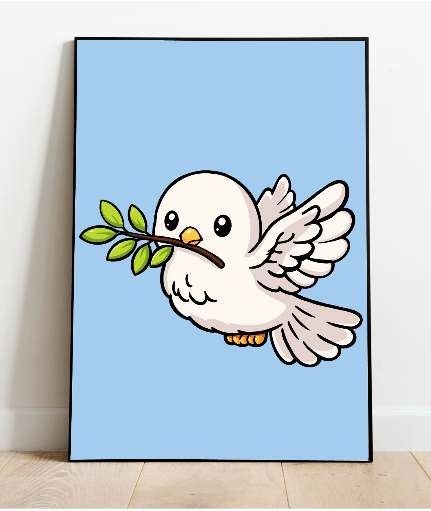 Cute dove art print with olive branch minimalist kawaii wall decor pastel blue background