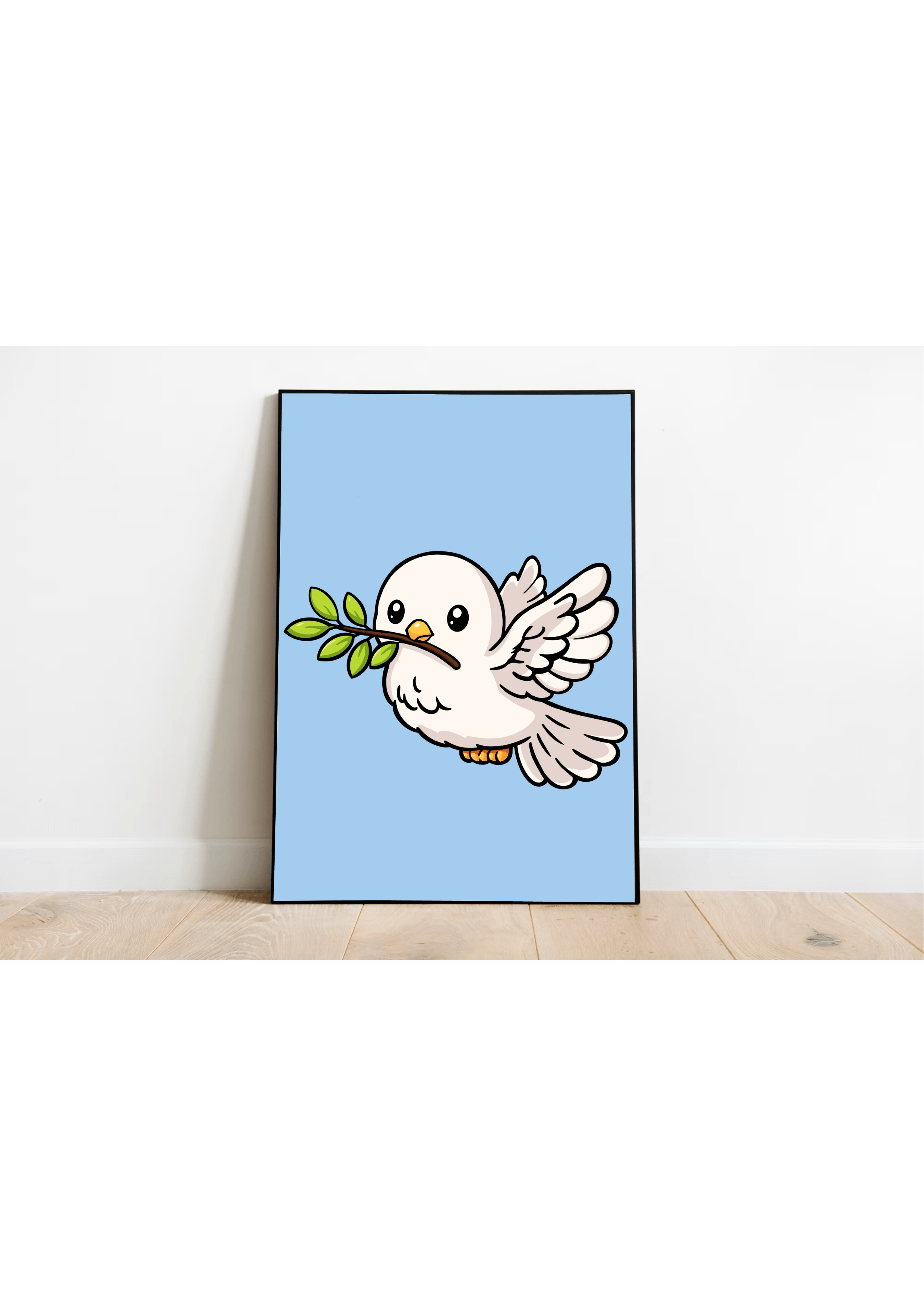 Cute dove art print with olive branch minimalist kawaii wall decor pastel blue background