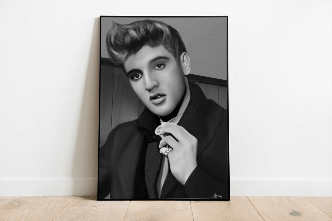 Discover the magic of The King with our stunning black and white portrait, aptly named "The King Forever - Handcrafted Elvis Print." This captivating artwork beautifully captures a young man channeling an Elvis vibe, complete with perfectly styled hair and an intense pose. Dressed in a sleek suit, he brings an air of mystery as he holds a ring to his lips. Even unframed, this print commands attention as it leans elegantly against a crisp white wall on a light wood floor. Its superior printing quality highli