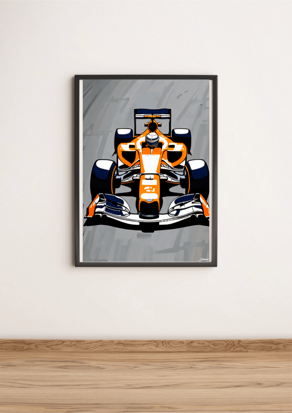 Rev up your space with the F1 Concept Art Print, featuring a striking framed illustration of an eye-catching orange and white Formula 1 car that seems to leap off the page from its bold frontal perspective. This dynamic piece brilliantly captures the exhilarating spirit of Formula 1 racing, showcasing bold lines and an intricate design enriched with detailed shading. Set against a plain white wall and lounging on a chic light wooden floor, this art print brings a sleek minimalist and modern vibe to any room