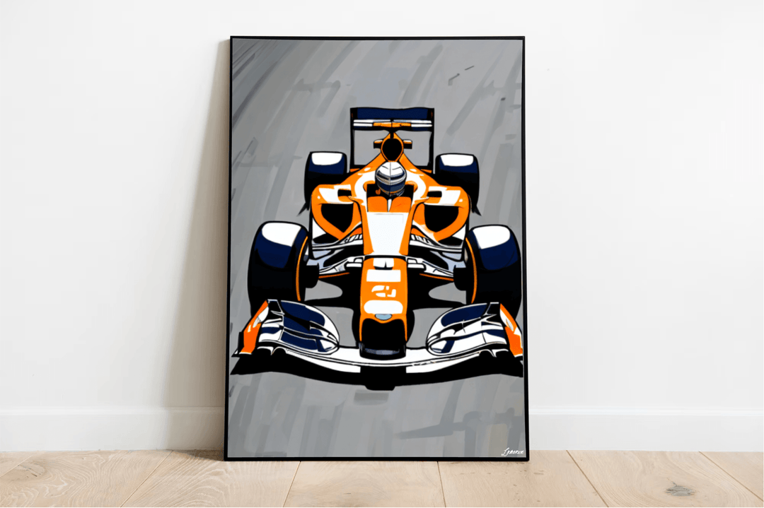 Rev up your space with the F1 Concept Art Print, featuring a striking framed illustration of an eye-catching orange and white Formula 1 car that seems to leap off the page from its bold frontal perspective. This dynamic piece brilliantly captures the exhilarating spirit of Formula 1 racing, showcasing bold lines and an intricate design enriched with detailed shading. Set against a plain white wall and lounging on a chic light wooden floor, this art print brings a sleek minimalist and modern vibe to any room