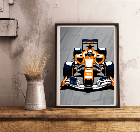 Rev up your space with the F1 Concept Art Print, featuring a striking framed illustration of an eye-catching orange and white Formula 1 car that seems to leap off the page from its bold frontal perspective. This dynamic piece brilliantly captures the exhilarating spirit of Formula 1 racing, showcasing bold lines and an intricate design enriched with detailed shading. Set against a plain white wall and lounging on a chic light wooden floor, this art print brings a sleek minimalist and modern vibe to any room