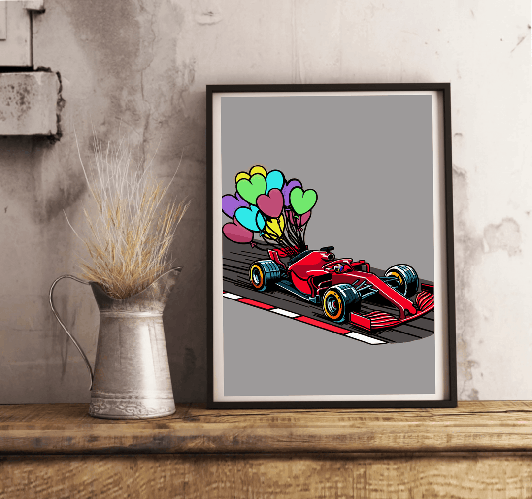 Brighten up your space with a **Captivating F1 Art Print** that blends the thrill of racing with a splash of whimsical charm! Imagine a vivid red race car bursting with energy and dynamic colors, zooming across a track beautifully lined with bold red and white stripes. Behind it, playful heart and star-shaped balloons soar into the sky, adding an extra touch of joy to this already vibrant scene. Perfectly framed and ready to lean against any wall, this art piece brings speed and fun together in one irresist