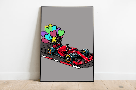  Brighten up your space with a **Captivating F1 Art Print** that blends the thrill of racing with a splash of whimsical charm! Imagine a vivid red race car bursting with energy and dynamic colors, zooming across a track beautifully lined with bold red and white stripes. Behind it, playful heart and star-shaped balloons soar into the sky, adding an extra touch of joy to this already vibrant scene. Perfectly framed and ready to lean against any wall, this art piece brings speed and fun together in one irresis