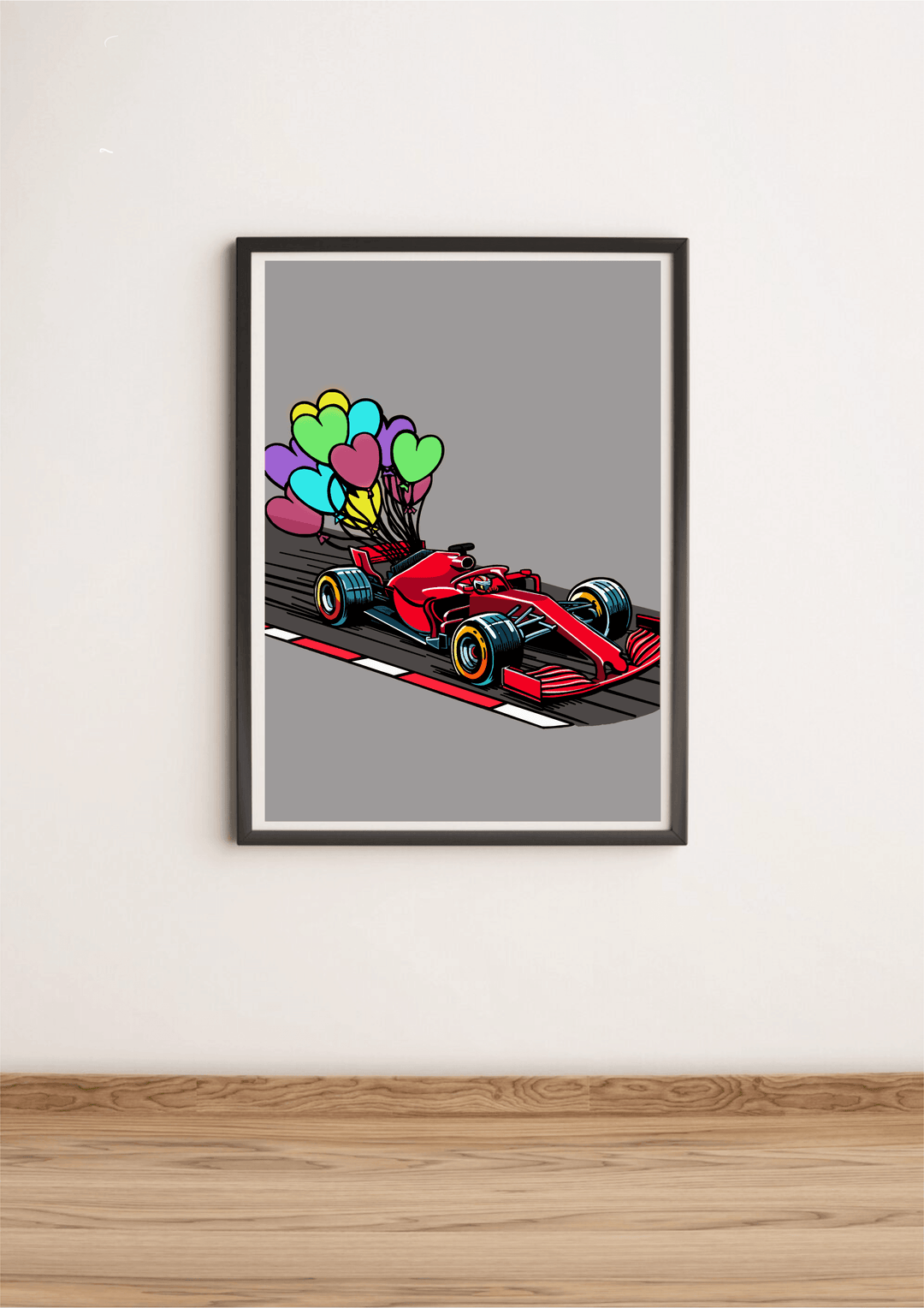 Brighten up your space with a **Captivating F1 Art Print** that blends the thrill of racing with a splash of whimsical charm! Imagine a vivid red race car bursting with energy and dynamic colors, zooming across a track beautifully lined with bold red and white stripes. Behind it, playful heart and star-shaped balloons soar into the sky, adding an extra touch of joy to this already vibrant scene. Perfectly framed and ready to lean against any wall, this art piece brings speed and fun together in one irresist