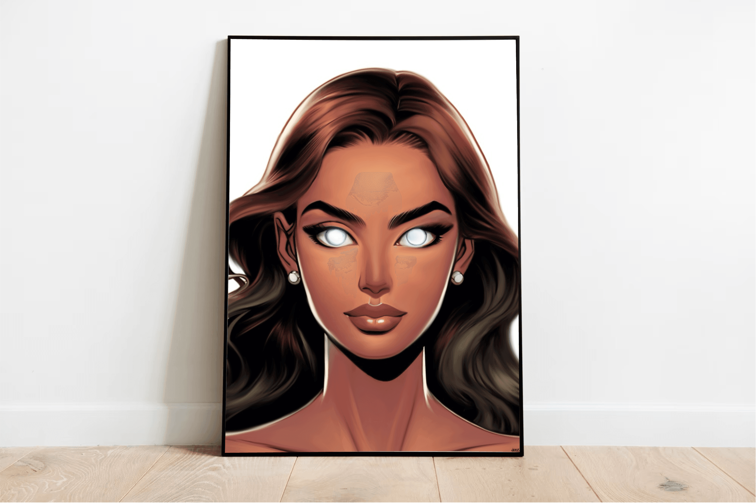 Introducing the *Female Gaze Print*! This stunning piece captures a woman radiating empowerment with her long, flowing brown hair and glowing eyes. Dressed in pearl earrings and a confident expression, she's beautifully set against a minimalist backdrop. The framed artwork, with its elegant design, is showcased perfectly as it leans effortlessly on a light wooden floor against a crisp white wall.