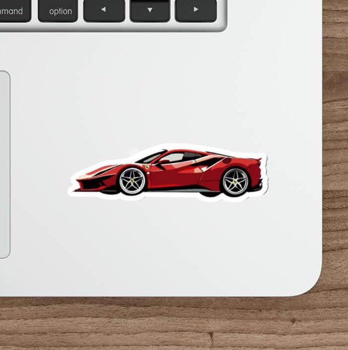 Ferrari SF90 sticker featuring a sleek red sports car design. Available as a single sticker, a pack of 3, or a pack of 6. Ideal for car enthusiasts.
