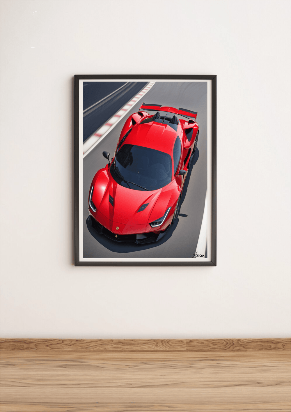 Rev up your living space with "Capture the Thrill: Ferrari F8 Artwork"! This stunning framed high gloss print is not just any art piece—it's a celebration of automotive excellence. The artwork features a sleek red Ferrari F8, strategically angled as if it's speeding on a race track, showcasing its sharp aerodynamic lines and impressive rear wing that shout high performance. Set against a minimalist white wall on a classic wooden floor, this masterpiece is sure to be the focal point in any room. Get ready to